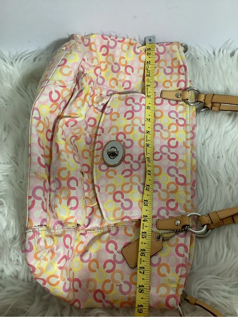 Coach Op Art Large Tote Bag Coated Canvas Leather  Shoulder pink/yellow
